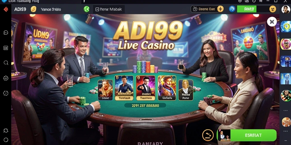 Screenshot gameplay ADI99 menunjukkan dealer yang ramah dan permainan menyenangkan.