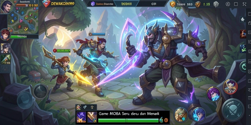 Screenshot utama DEWAKOIN99 menunjukkan aksi MOBA yang intens dan seru.