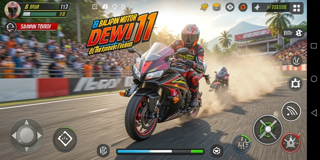 Tampilan gameplay DEWI11 yang mendebarkan dalam balapan motor.