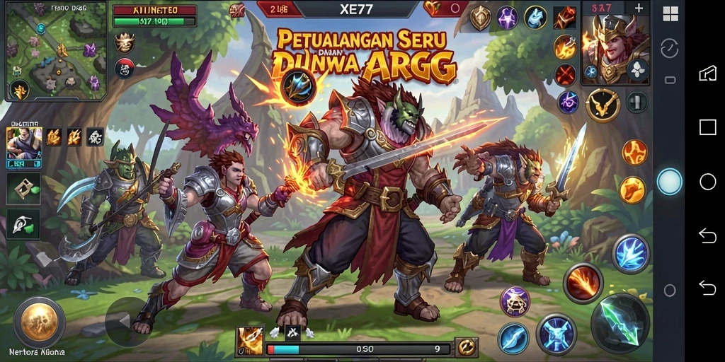 Tangkapan layar XE77 menampilkan pertarungan seru dalam dunia fantasi.